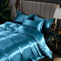 Luxurious teal satin silk bedding set bedroom glossy finish