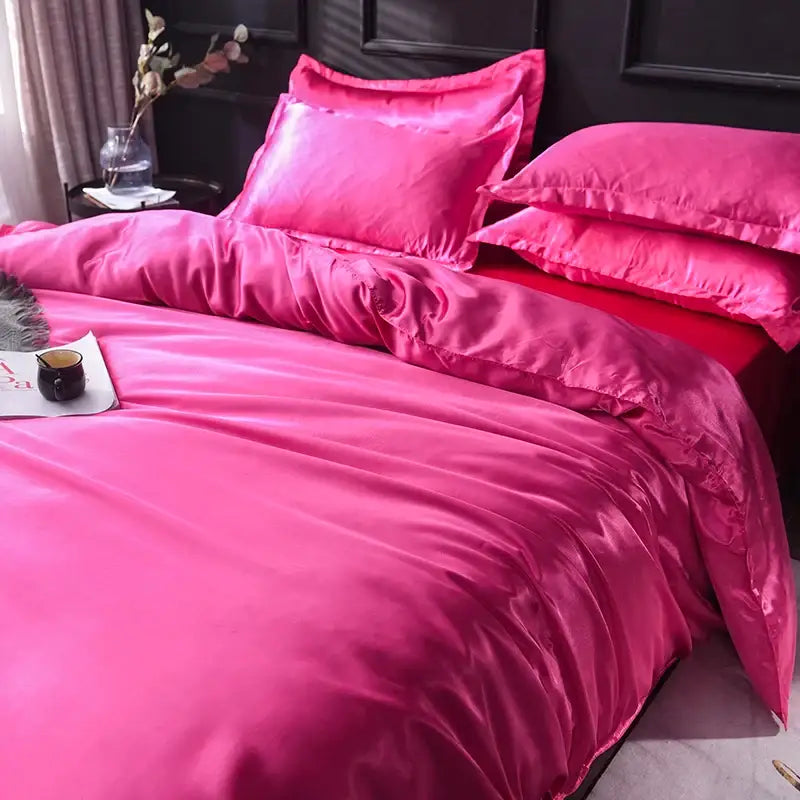Luxurious pink & silver silk bedding set bedroom duvet cover