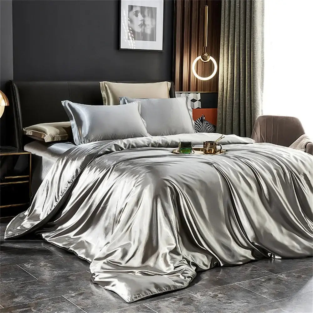 Luxurious silver & gold satin duvet cover bedroom bedding set