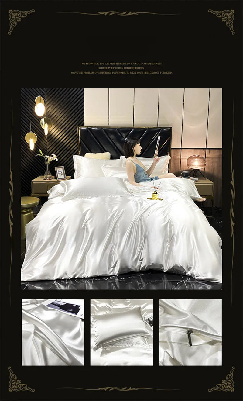 Luxurious silver satin duvet cover bedroom bedding set