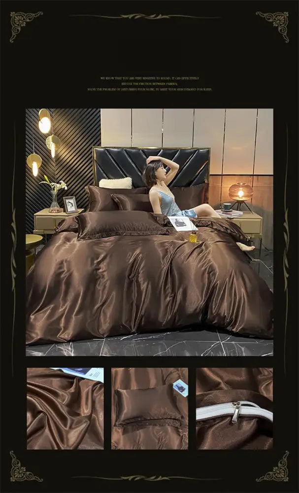 Luxurious deep blue & gold satin duvet cover bedroom bedding set