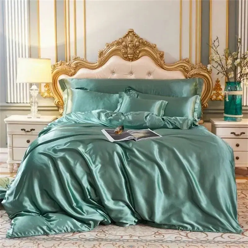 Luxurious deep blue & gold satin duvet cover bedroom bedding set