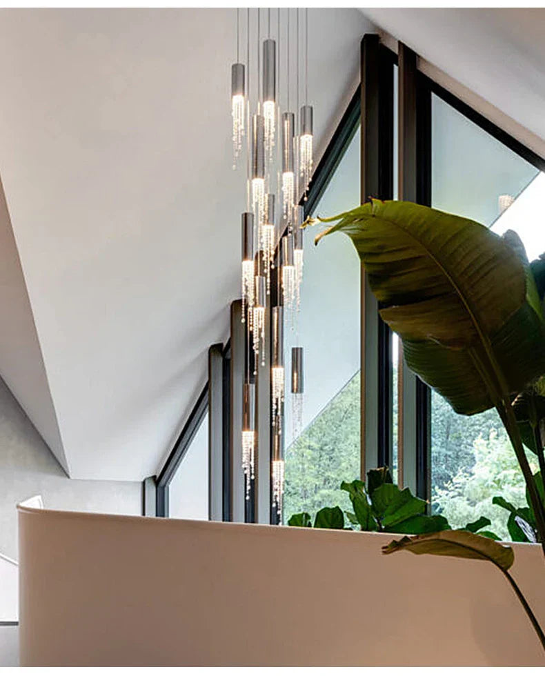 Modern chrome crystal led chandelier staircase cascading light