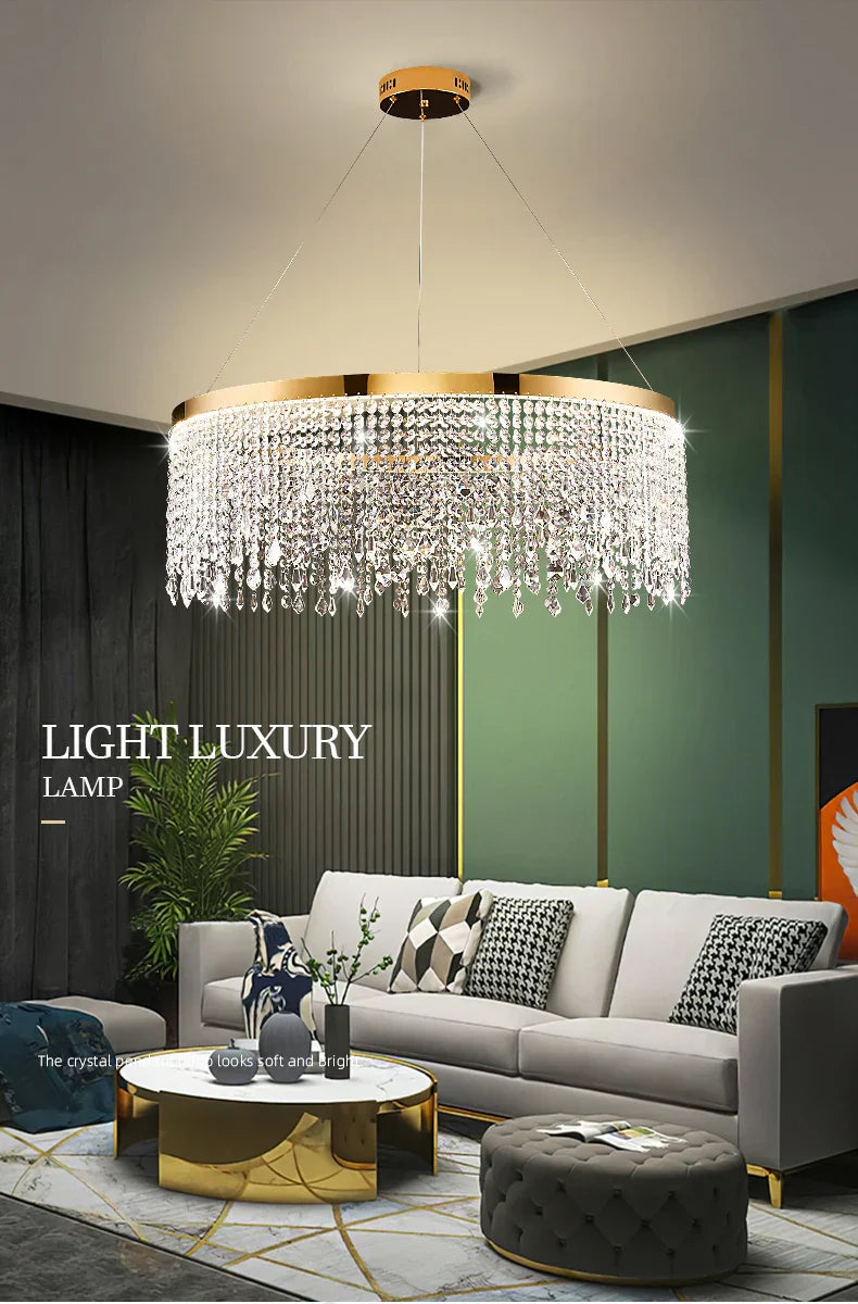 Luxury gold circular crystal chandelier dining room pendant light