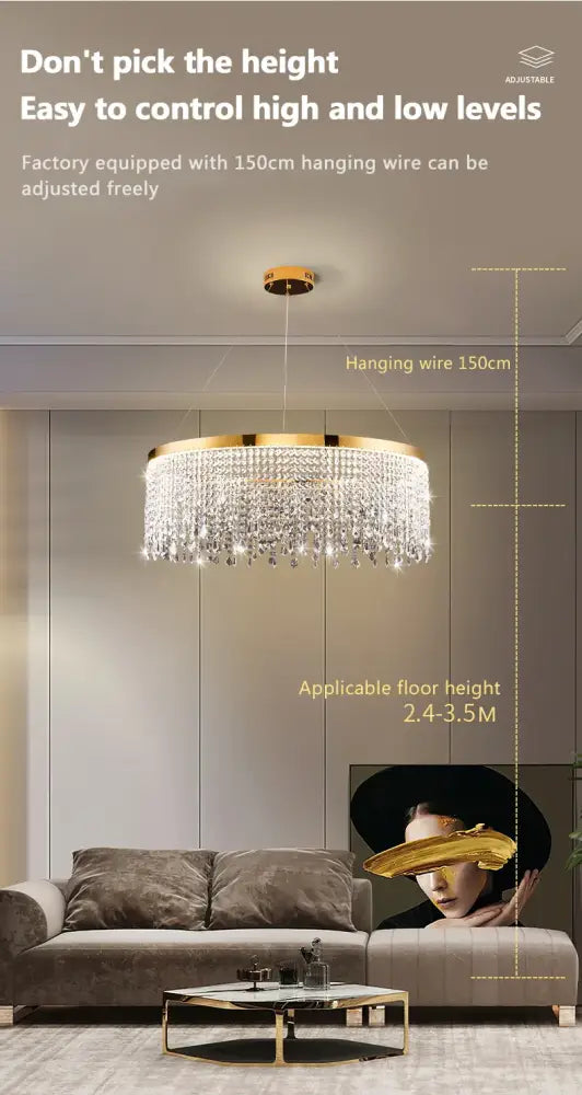 Luxury gold circular crystal chandelier dining room pendant light