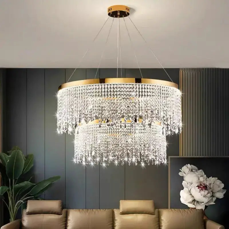 Luxury gold circular crystal chandelier dining room pendant light