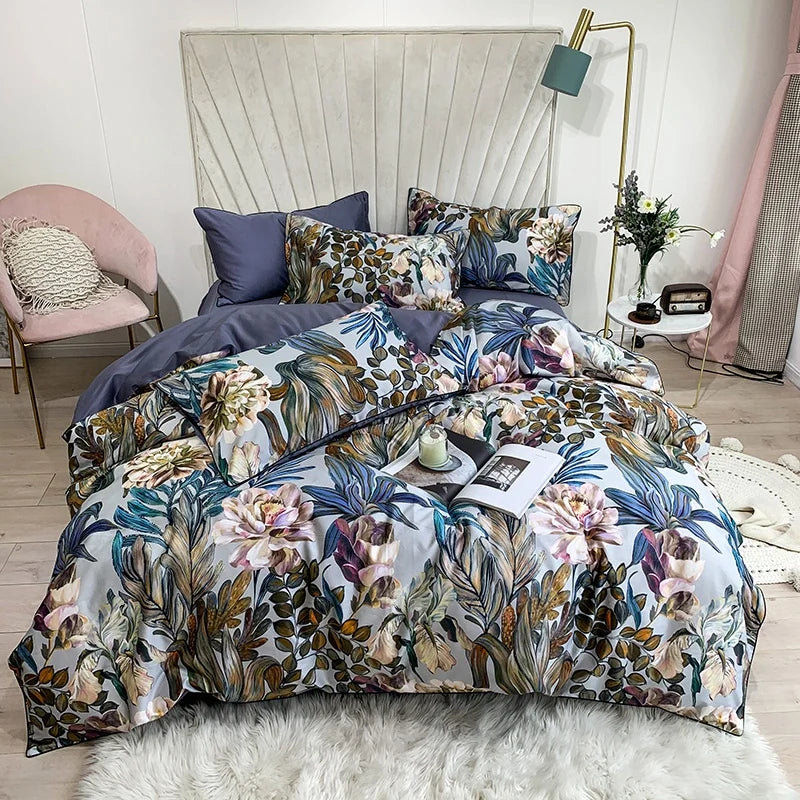 Luxury yellow satin flamingo leaf duvet cover bedroom set with pillowcases
