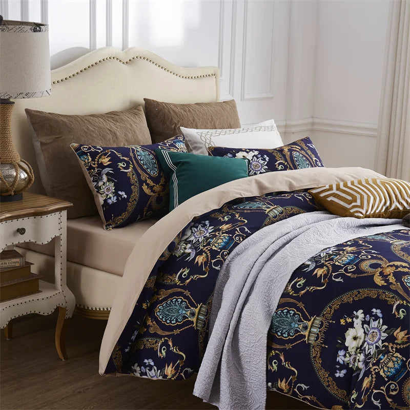 Luxury yellow satin flamingo leaf duvet cover bedroom set with pillowcases