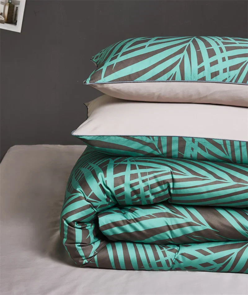Luxury yellow satin flamingo leaf duvet cover bedroom set with pillowcases