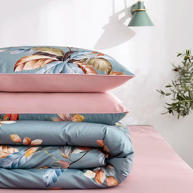 Blue and pink floral egyptian cotton duvet cover bedroom set