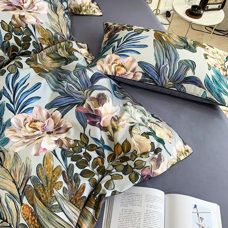 Luxury yellow satin flamingo leaf duvet cover bedroom set with pillowcases
