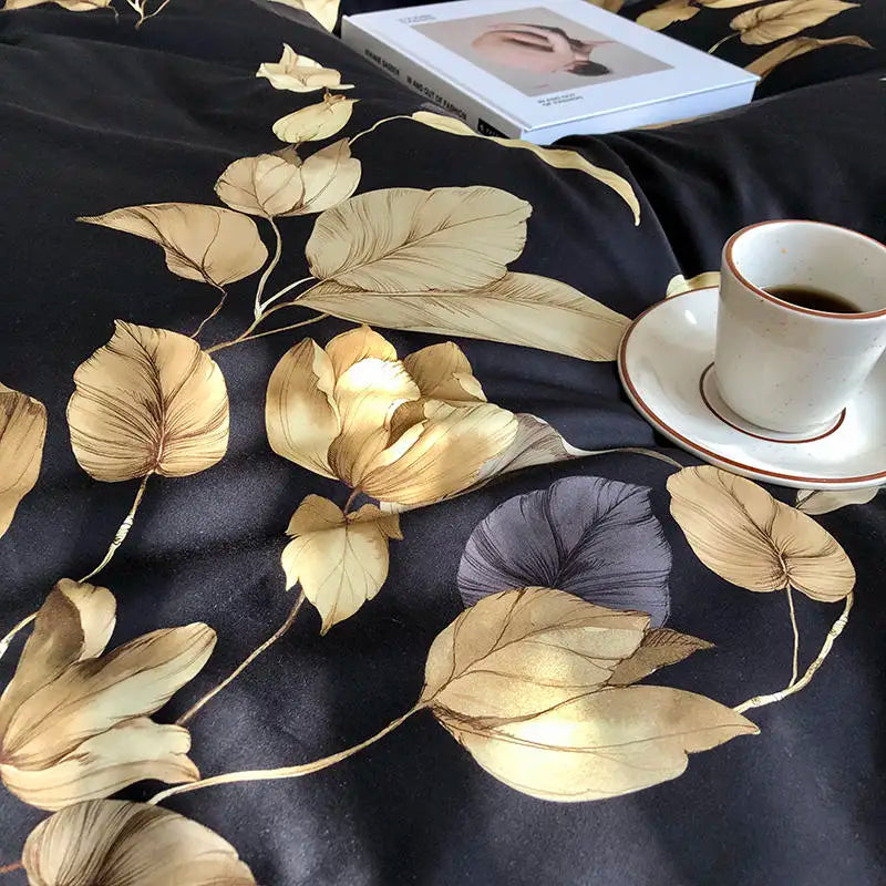 Luxury yellow satin flamingo leaf duvet cover bedroom set with pillowcases