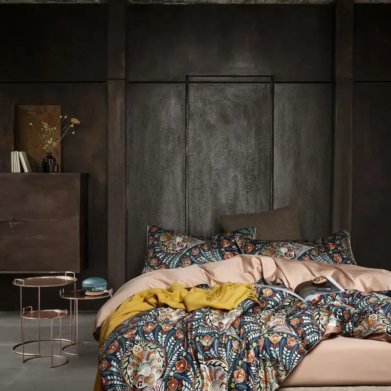 Luxury yellow satin flamingo leaf duvet cover bedroom set with pillowcases