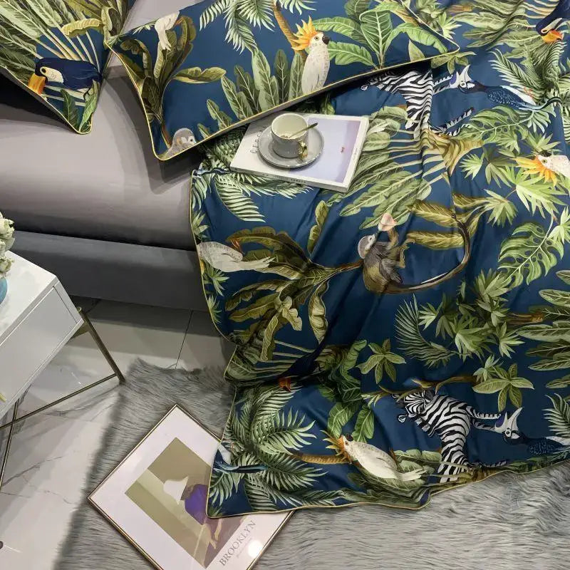 Blue and pink floral egyptian cotton duvet cover bedroom set