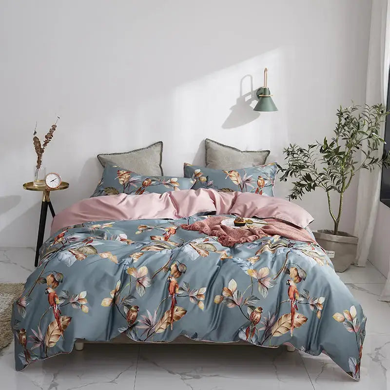 Pastel blue & pink floral duvet cover set bedroom egyptian cotton