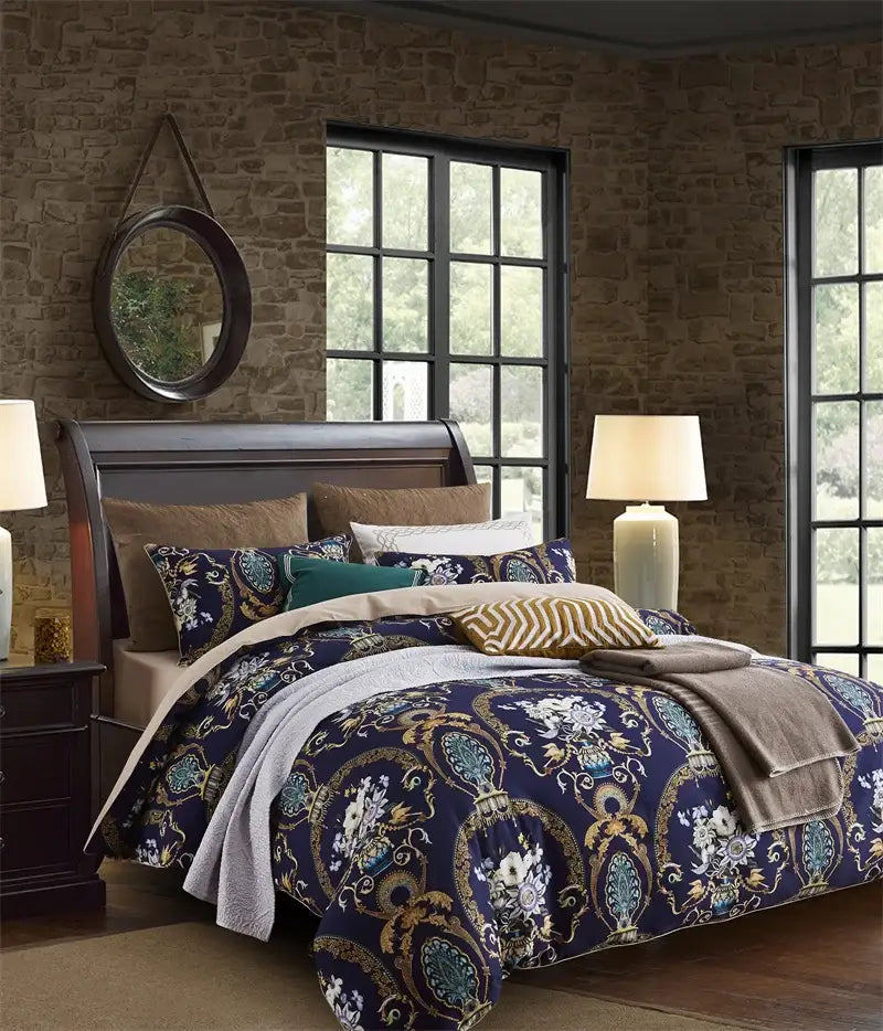 Blue and pink floral egyptian cotton duvet cover bedroom set