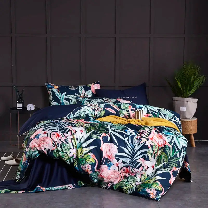 Tropical flamingo navy blue duvet cover bedroom bedding set