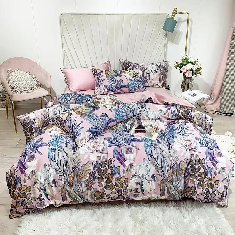 Blue and pink floral egyptian cotton duvet cover bedroom set