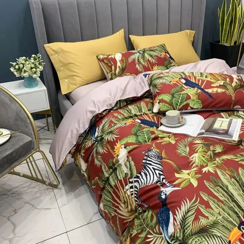 Luxury yellow satin flamingo leaf duvet cover bedroom set with pillowcases