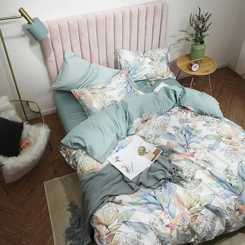 Blue and pink floral egyptian cotton duvet cover bedroom set