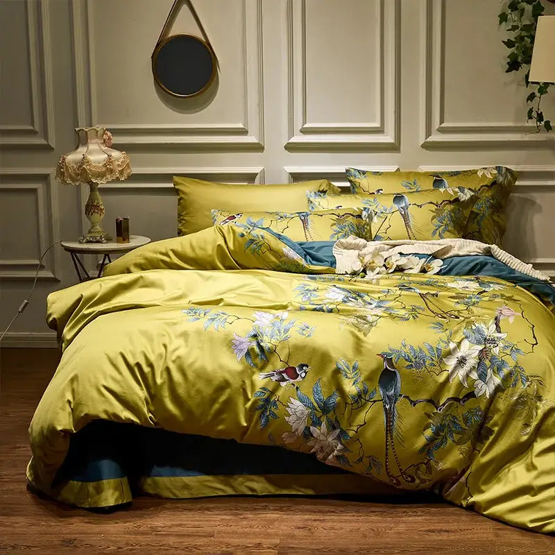 Botanical navy & gold egyptian cotton duvet cover bedroom set