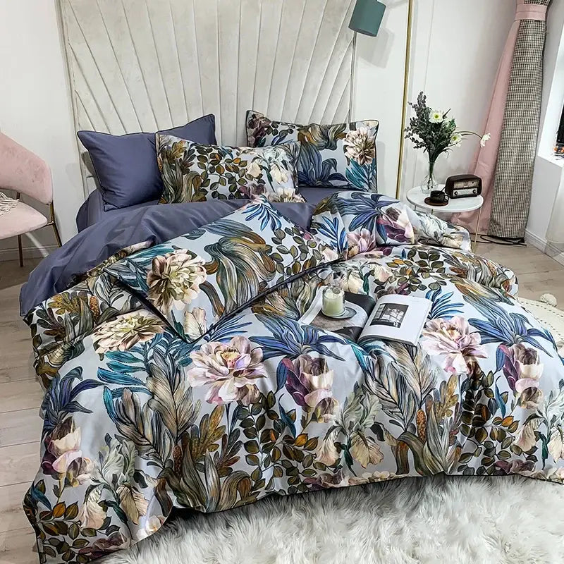 Botanical egyptian cotton duvet cover and pillowcases bedroom set