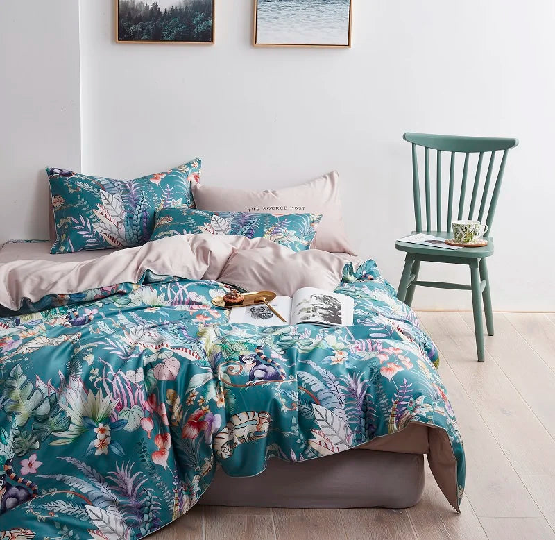 Blue & pink egyptian cotton floral duvet cover bedroom set