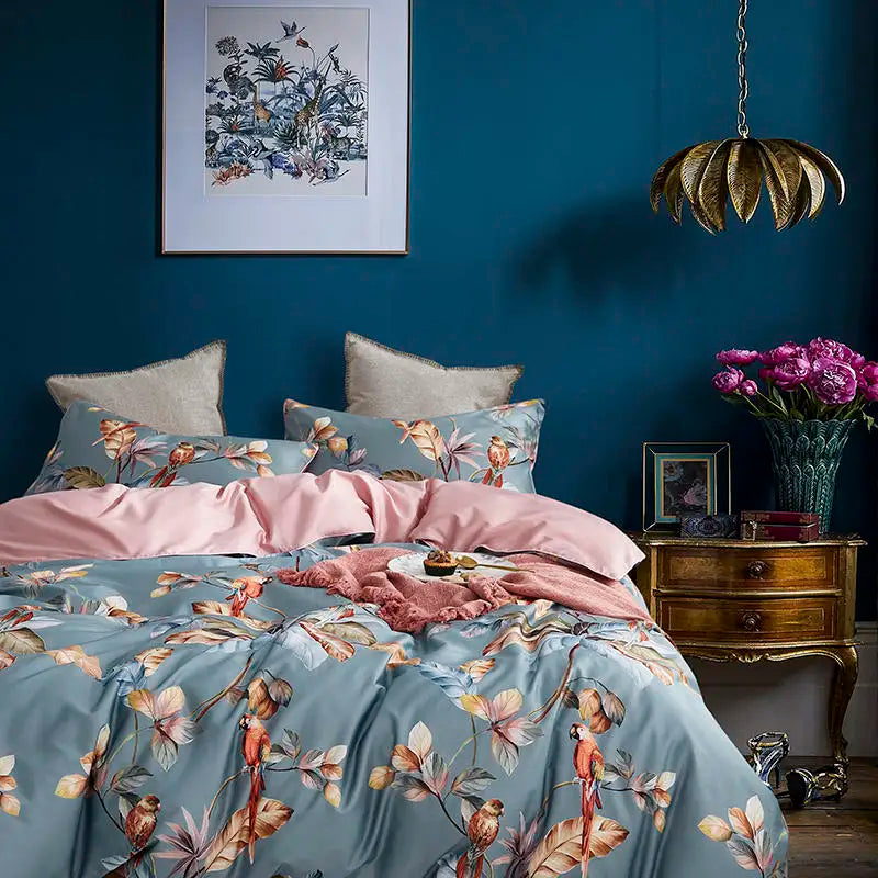 Luxury blue tropical flamingo duvet cover bedroom set with pillowcases