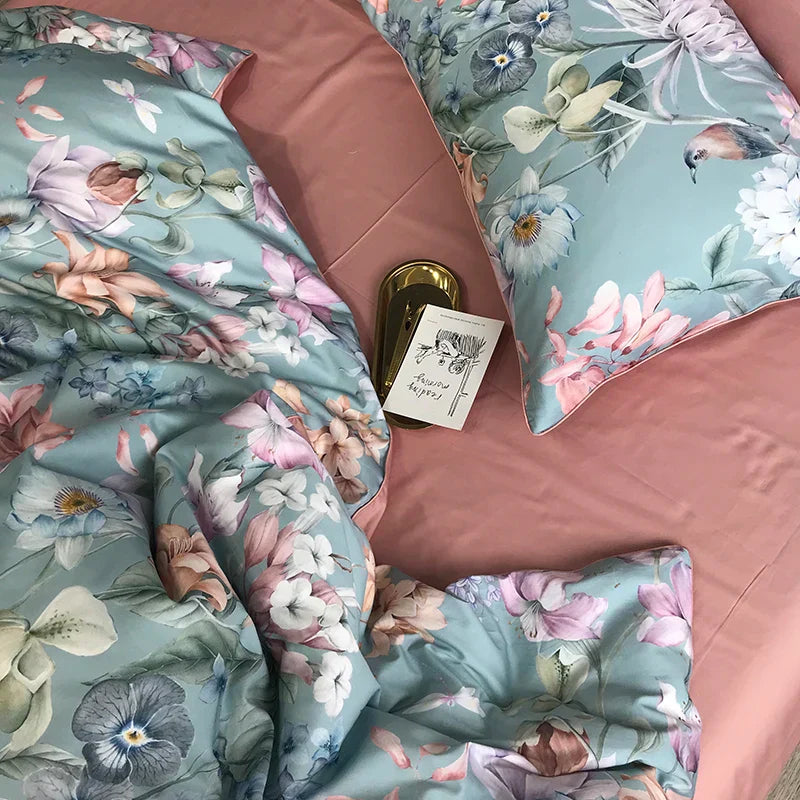 Luxury teal & pink flamingo leaf duvet cover – bedroom bedding set