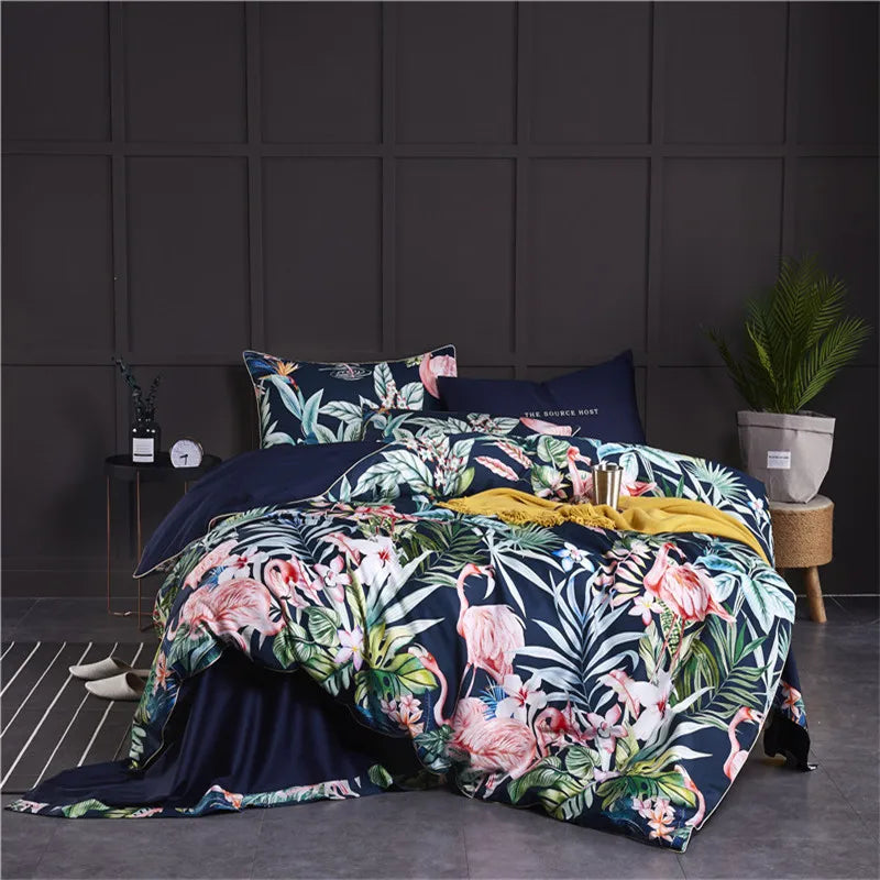 Luxury blue tropical flamingo duvet cover bedroom set with pillowcases