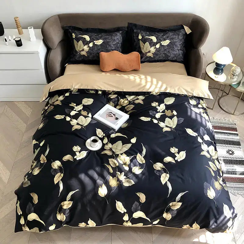 Luxury black & gold leaf duvet cover set – bedroom king size bedding
