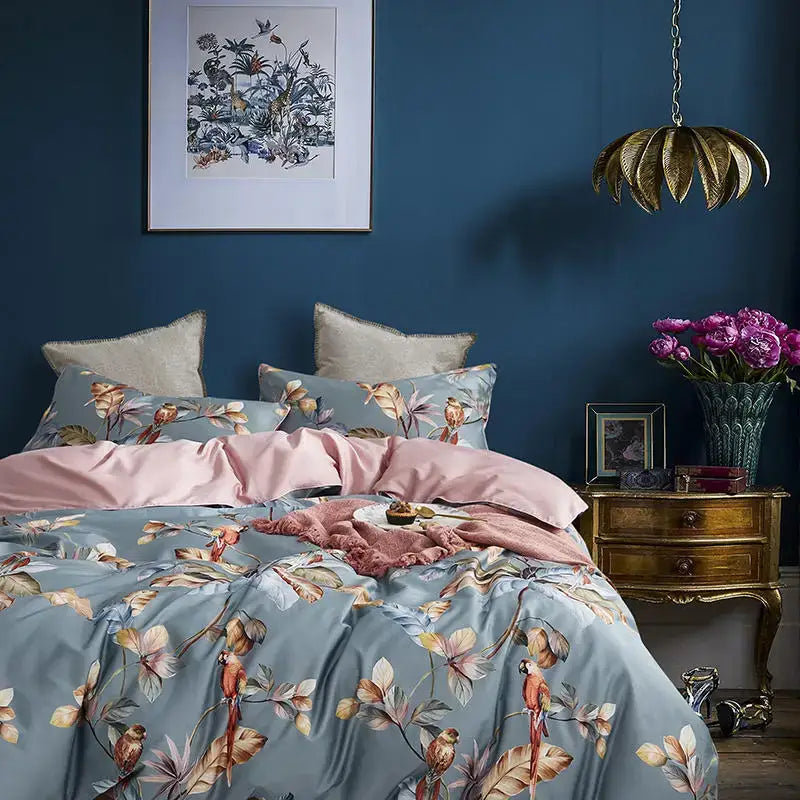 Luxury blue tropical flamingo duvet cover bedroom set with pillowcases