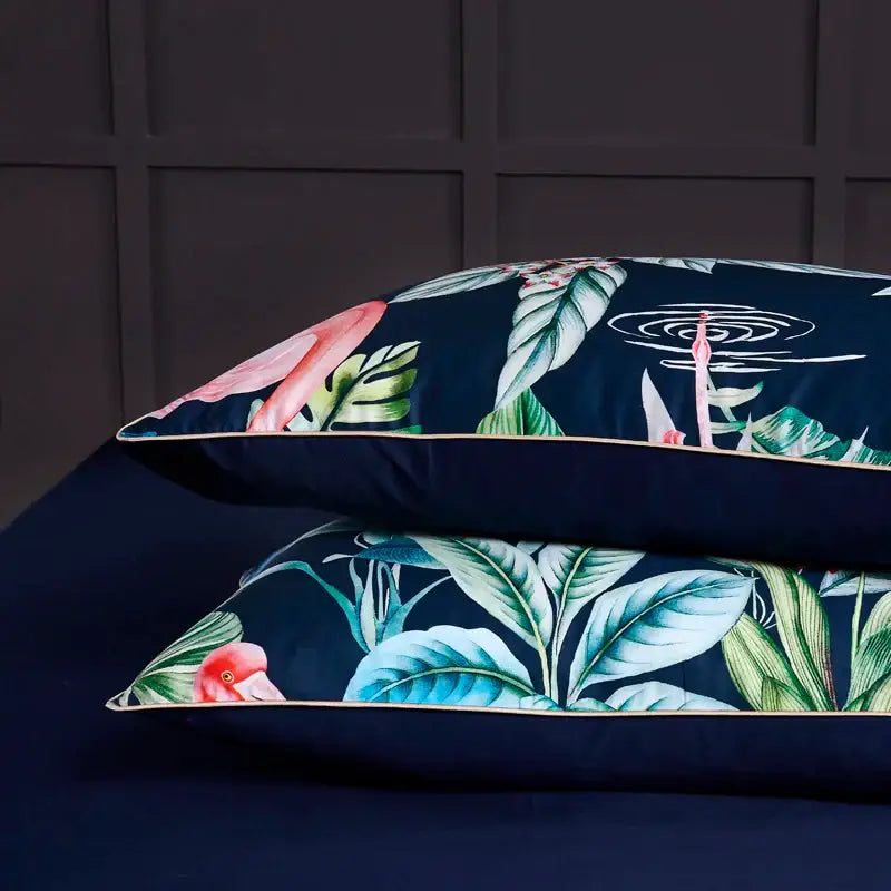 Luxury blue tropical flamingo duvet cover bedroom set with pillowcases