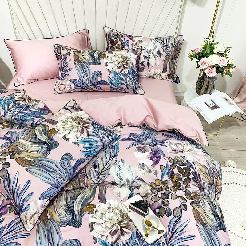 Luxury teal & pink flamingo leaf duvet cover – bedroom bedding set
