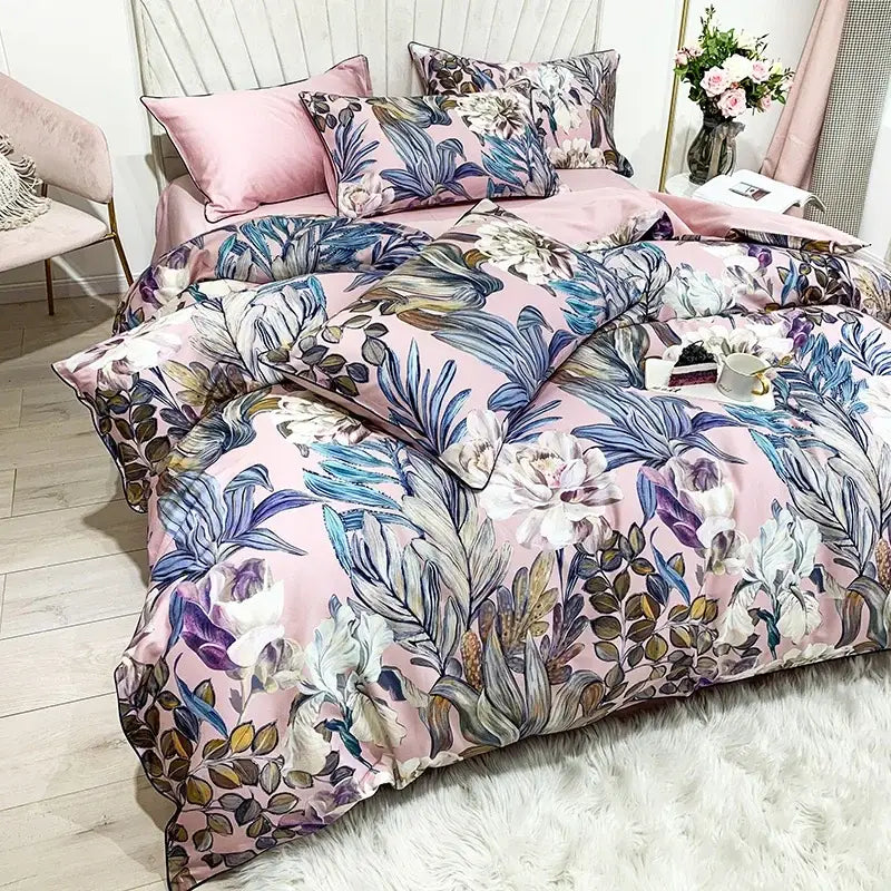 Luxury blue tropical flamingo duvet cover bedroom set with pillowcases