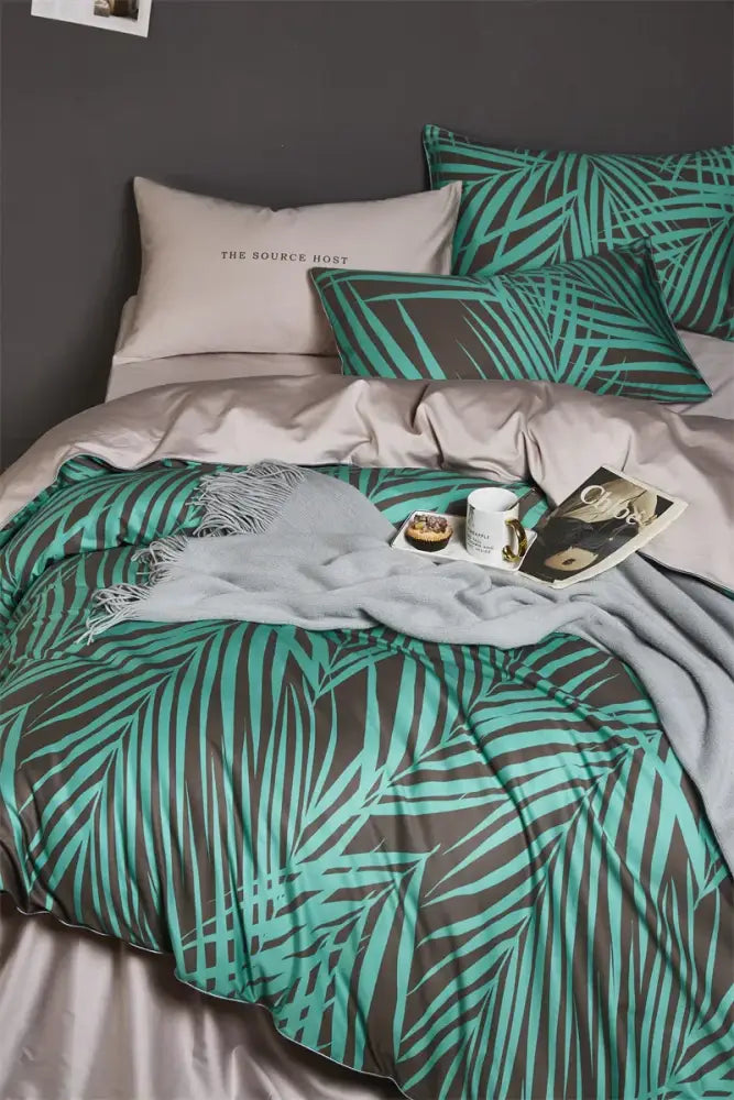 Luxury teal & pink flamingo leaf duvet cover – bedroom bedding set