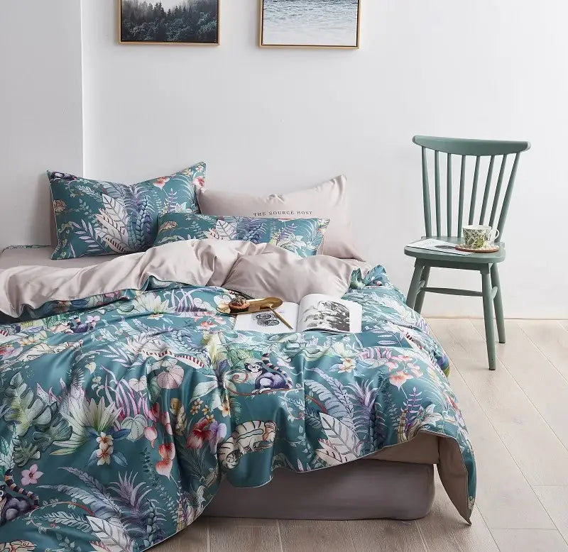 Luxury blue tropical flamingo duvet cover bedroom set with pillowcases