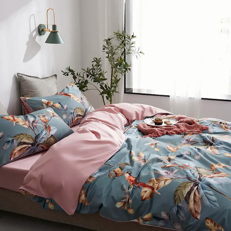 Luxury flamingo leaf gray satin duvet cover bedroom set 3 pieces