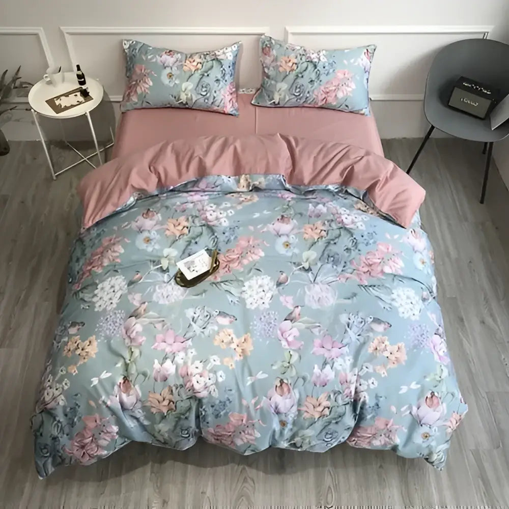 Luxury flamingo leaf gray satin duvet cover bedroom set 3 pieces