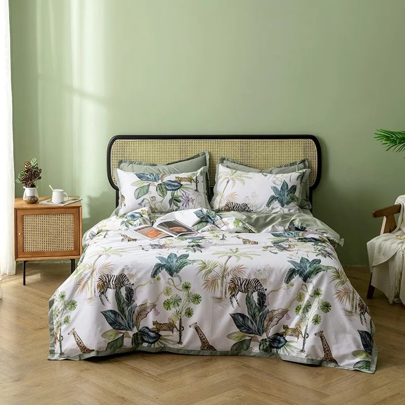 Luxury flamingo leaf gray satin duvet cover bedroom set 3 pieces