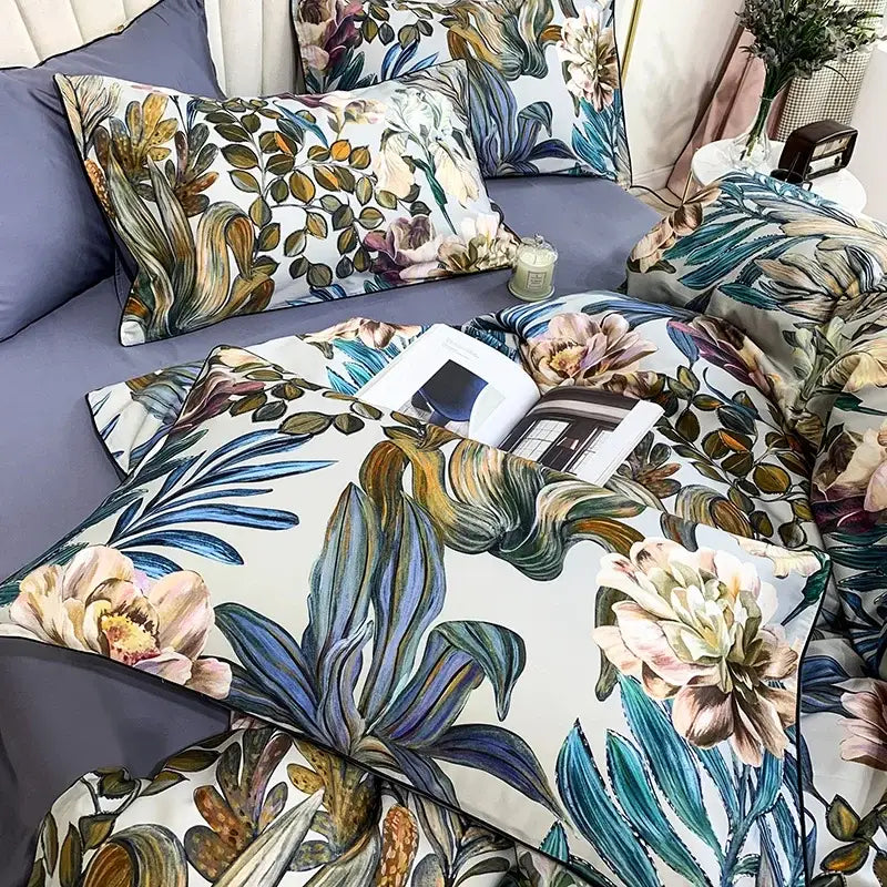 Luxury flamingo leaf gray satin duvet cover bedroom set 3 pieces