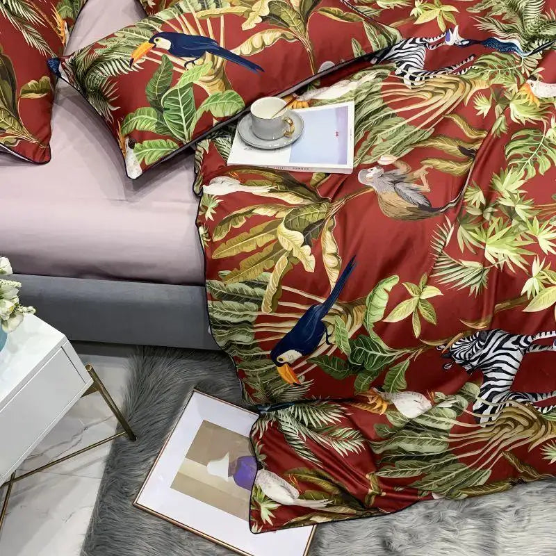 Luxury flamingo leaf gray satin duvet cover bedroom set 3 pieces