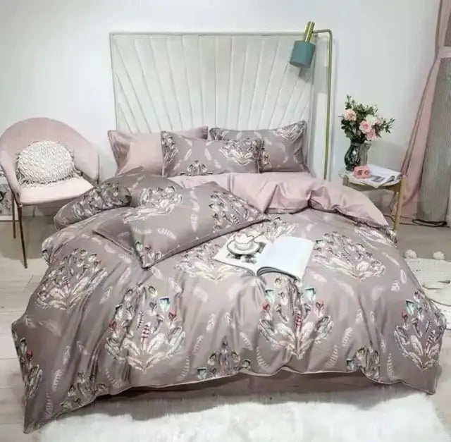 Luxury flamingo leaf gray satin duvet cover bedroom set 3 pieces