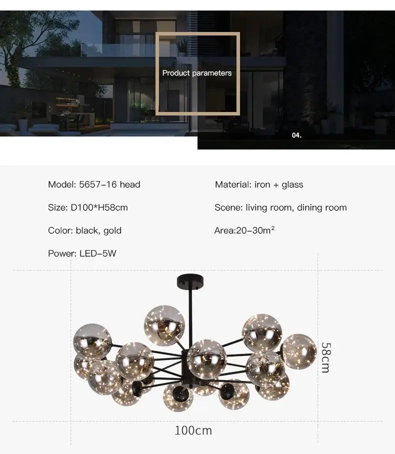 Modern black glass ball chandelier – living room remote control light