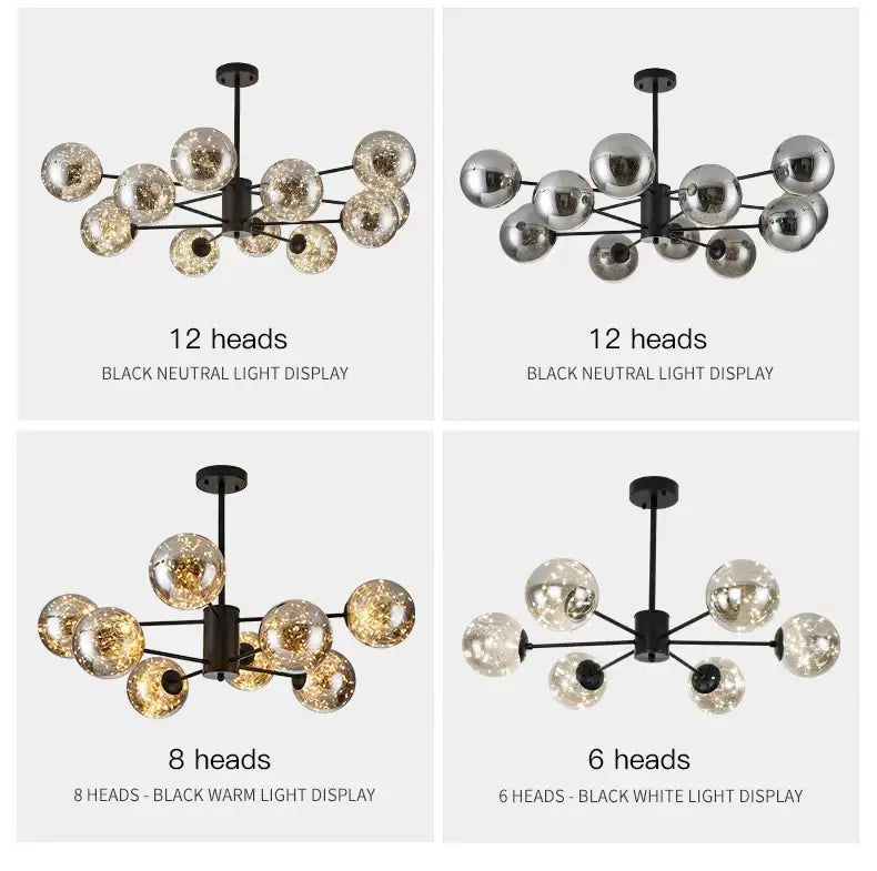 Modern black glass ball chandelier – living room remote control light