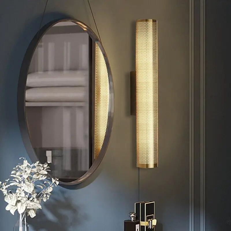 Luxury perforated gold wall sconce bedroom cylindrical light