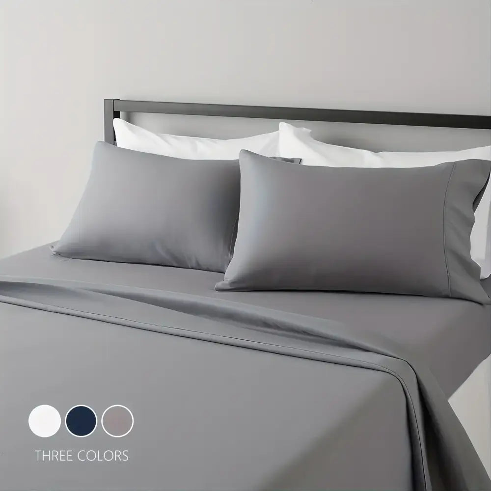 Gray satin luxury bed sheet set with pillowcases bedroom cooling