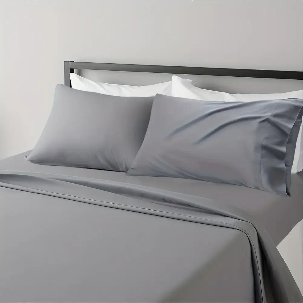 Gray satin luxury bed sheet set with pillowcases bedroom cooling