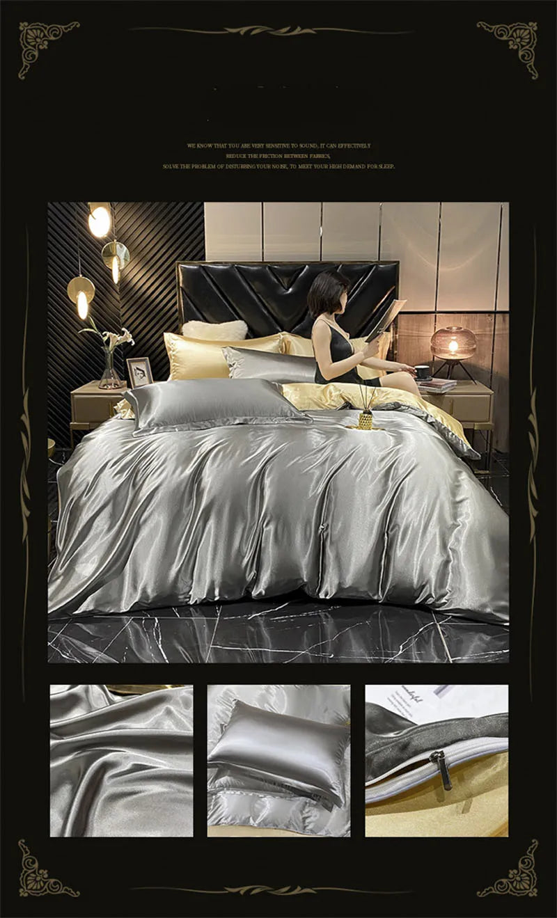 Luxury silver mulberry silk bedding set bedroom satin sheets