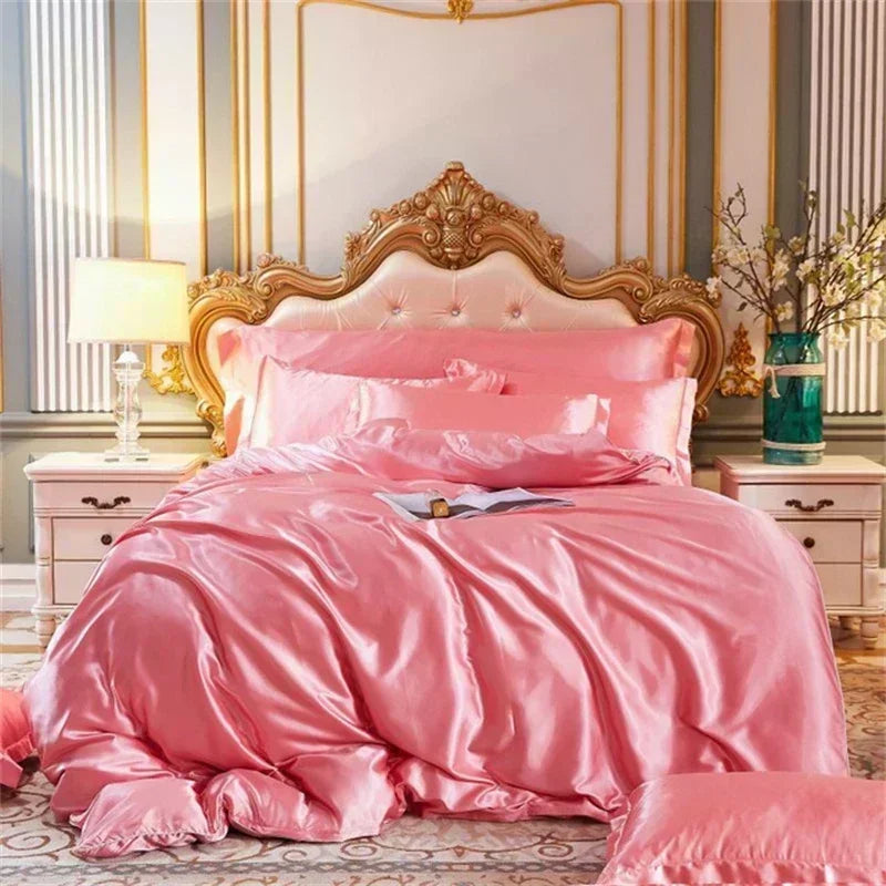Luxury silver satin silk bedding set bedroom duvet cover